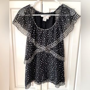 Studio M chiffon blouses Black white Polka dot Frills ruffles pull over size XS